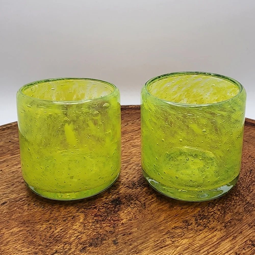 Set of 2 Crate & Barrel Calypso Tealight Votive Candle Holders Neon Yellow Lime